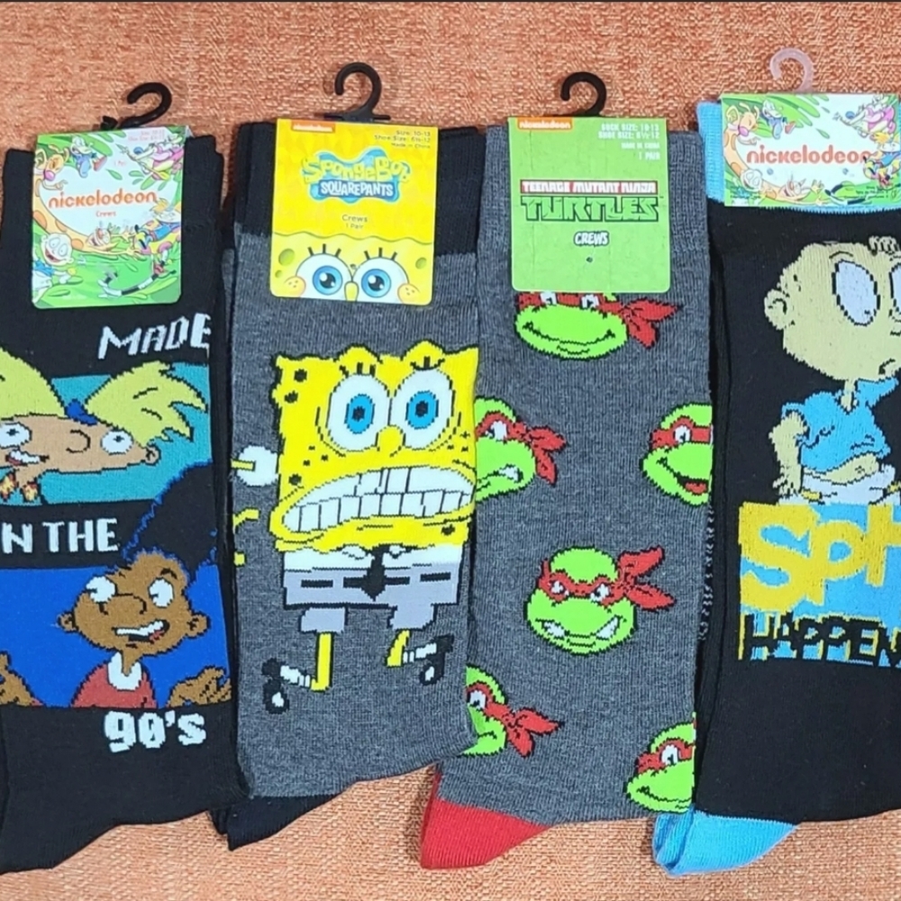 RARE 4 Pairs Spongebob Rugrats Hey Arnold Ninja Turtles Crew Socks